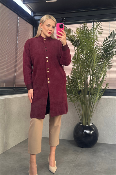 Çıtçıt Düğmeli Cep Detaylı Uzun Sakallı Bordo Hırka