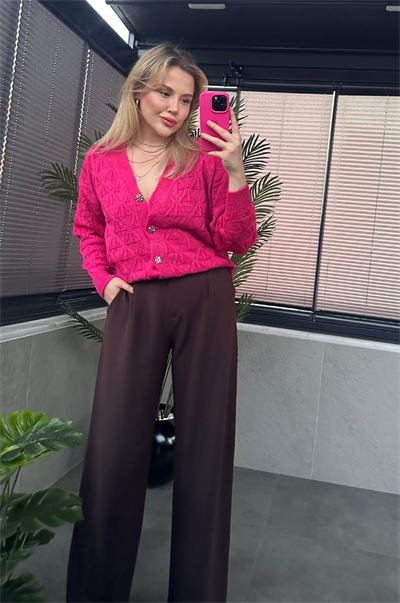 Fuşya Rengi Baklava Desenli Örgü Hırka
