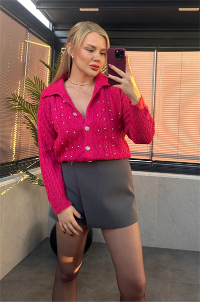 Gümüş İşlemeli Yaka Detaylı Pembe Örme Hırka