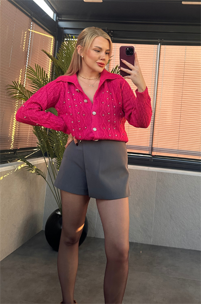 Gümüş İşlemeli Yaka Detaylı Pembe Örme Hırka