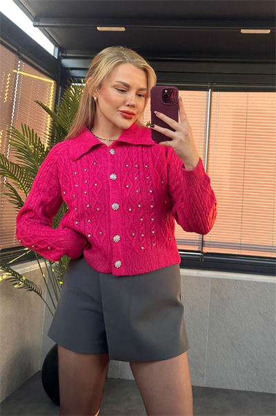 Gümüş İşlemeli Yaka Detaylı Pembe Örme Hırka