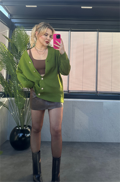 Haki Rengi Fitilli Oversize Basic Örme Hırka