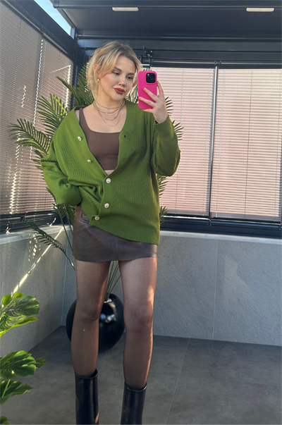 Haki Rengi Fitilli Oversize Basic Örme Hırka