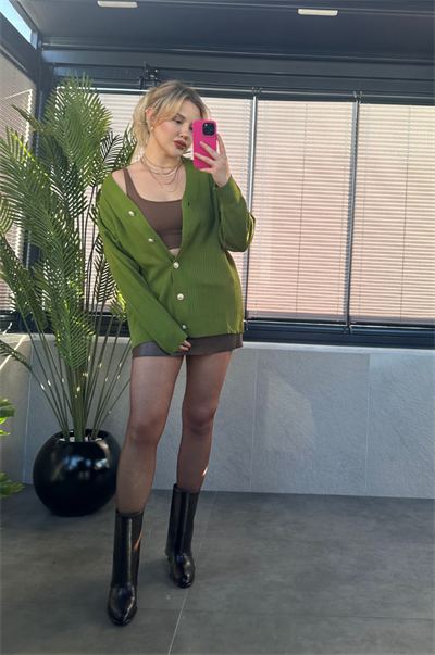 Haki Rengi Fitilli Oversize Basic Örme Hırka