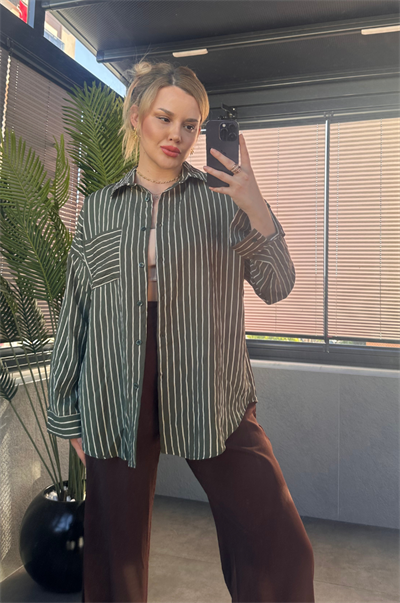 Haki Tek Cepli Çizgili Oversize Modal Gömlek
