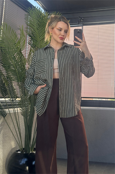 Haki Tek Cepli Çizgili Oversize Modal Gömlek