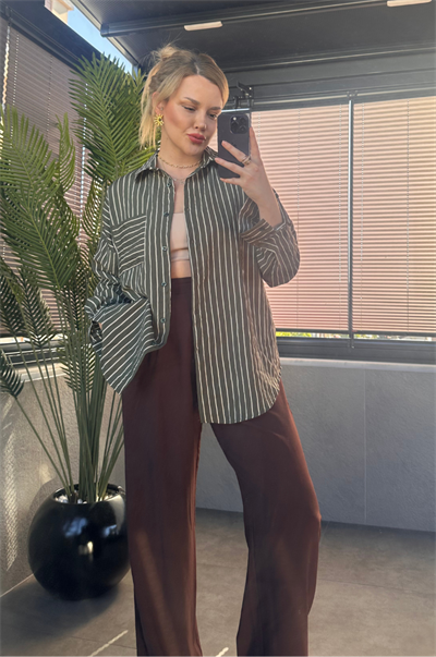 Haki Tek Cepli Çizgili Oversize Modal Gömlek