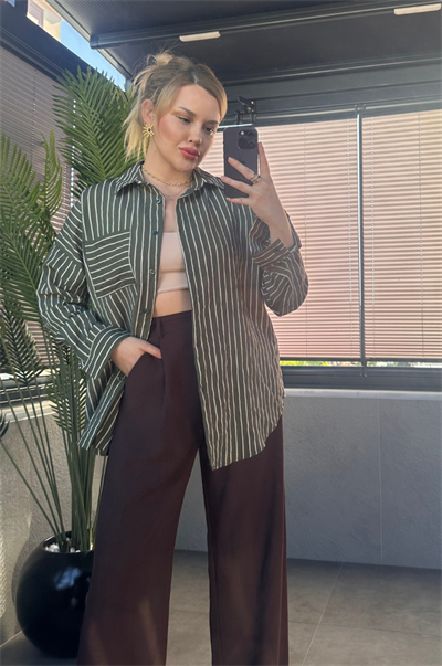 Haki Tek Cepli Çizgili Oversize Modal Gömlek