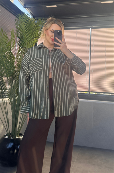 Haki Tek Cepli Çizgili Oversize Modal Gömlek