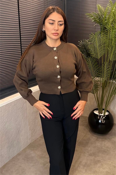 Kahverengi Balon Kollu Çiçek Düğme Detaylı Kısa Hırka