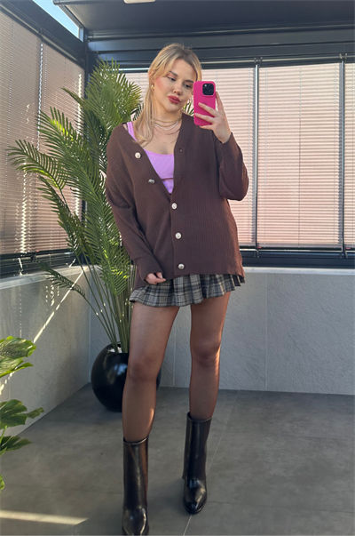 Kahverengi Fitilli Oversize Basic Örme Hırka