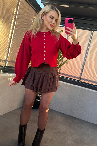 Kırmızı Fit Kesim Crop Hırka