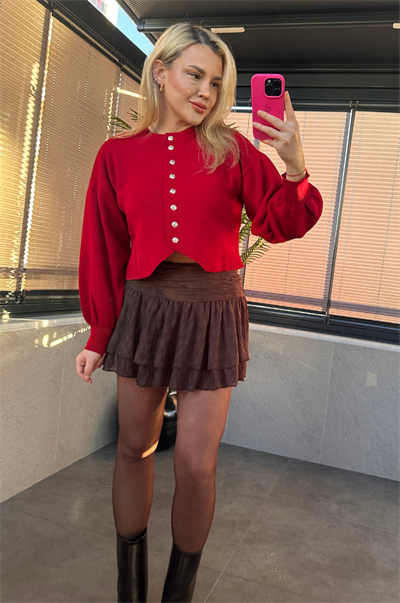 Kırmızı Fit Kesim Crop Hırka