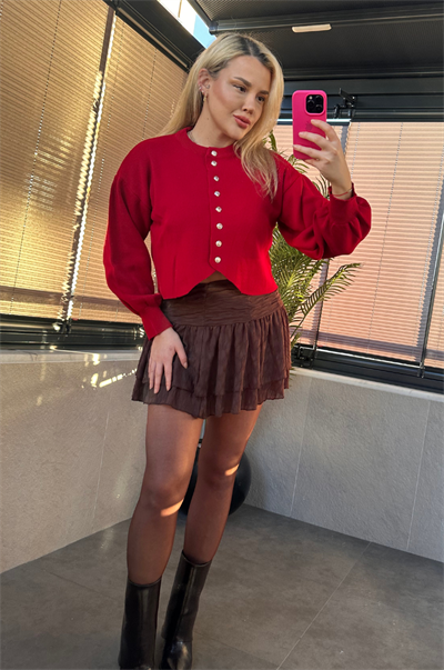 Kırmızı Fit Kesim Crop Hırka