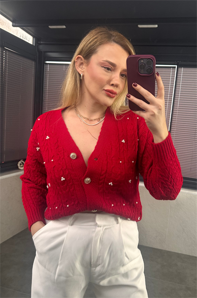 Kırmızı İnci Detaylı Örme Hırka