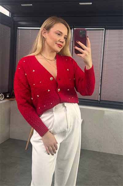 Kırmızı İnci Detaylı Örme Hırka