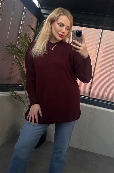 Koyu Bordo Yarı Boğazlı Fitilli Oversize Kazak