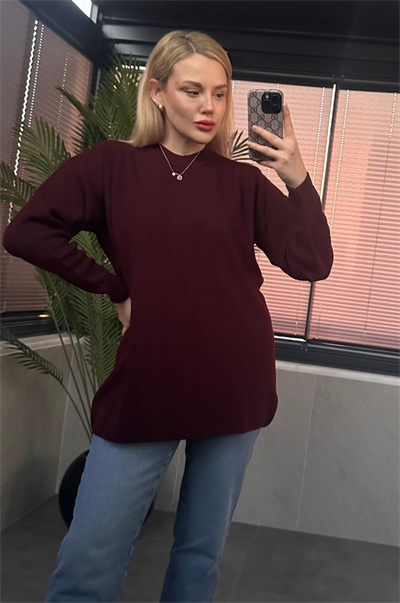 Koyu Bordo Yarı Boğazlı Fitilli Oversize Kazak