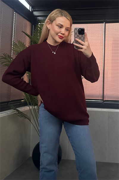 Koyu Bordo Yarı Boğazlı Fitilli Oversize Kazak