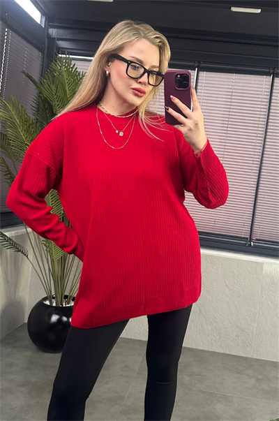 Koyu Kırmızı Yarı Boğazlı Fitilli Oversize Kazak