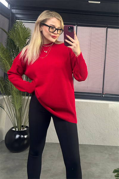 Koyu Kırmızı Yarı Boğazlı Fitilli Oversize Kazak