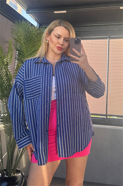 Koyu Mavi Tek Cepli Çizgili Oversize Modal Gömlek
