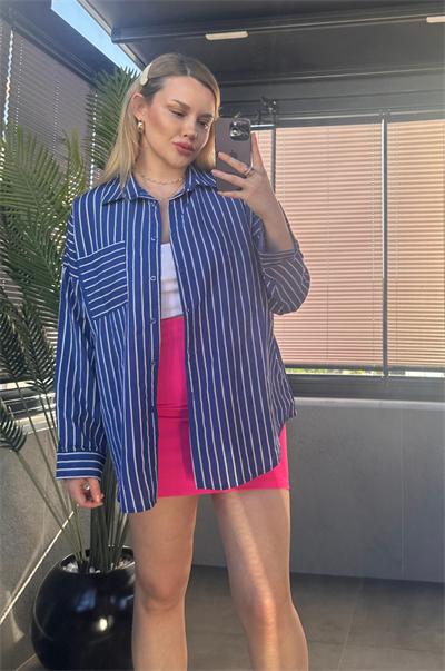Koyu Mavi Tek Cepli Çizgili Oversize Modal Gömlek