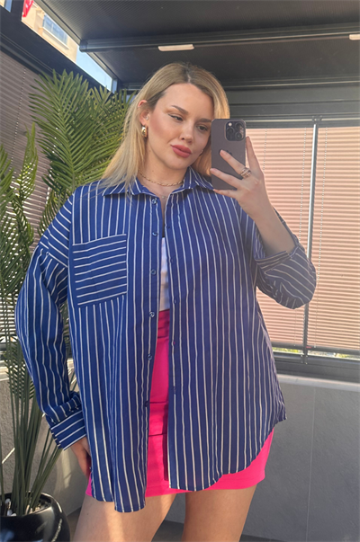 Koyu Mavi Tek Cepli Çizgili Oversize Modal Gömlek