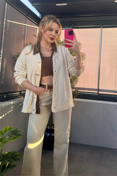 Krem Rengi Fitilli Oversize Basic Örme Hırka