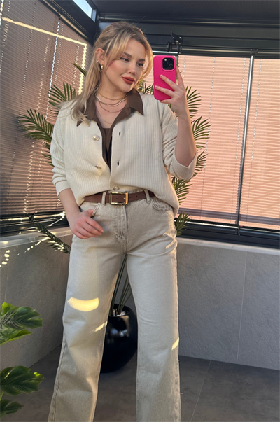 Krem Rengi Fitilli Oversize Basic Örme Hırka