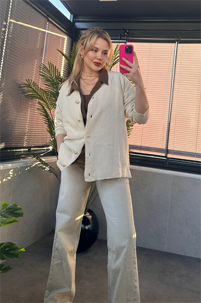 Krem Rengi Fitilli Oversize Basic Örme Hırka