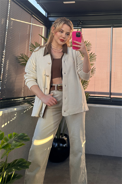 Krem Rengi Fitilli Oversize Basic Örme Hırka