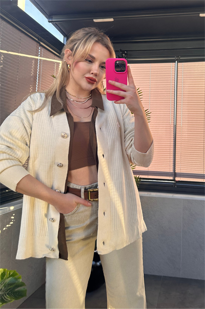 Krem Rengi Fitilli Oversize Basic Örme Hırka