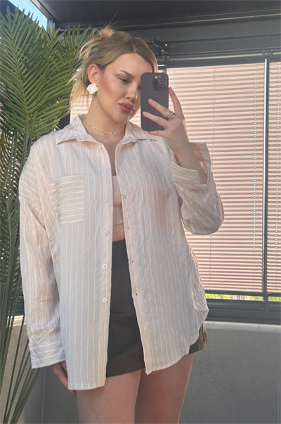 Krem Tek Cepli Çizgili Oversize Modal Gömlek