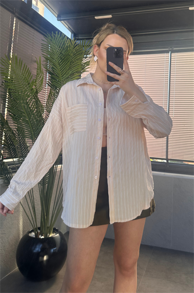 Krem Tek Cepli Çizgili Oversize Modal Gömlek