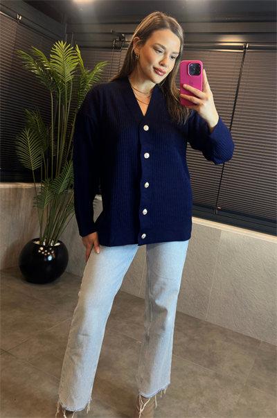 Lacivert Fitilli Oversize Basic Örme Hırka