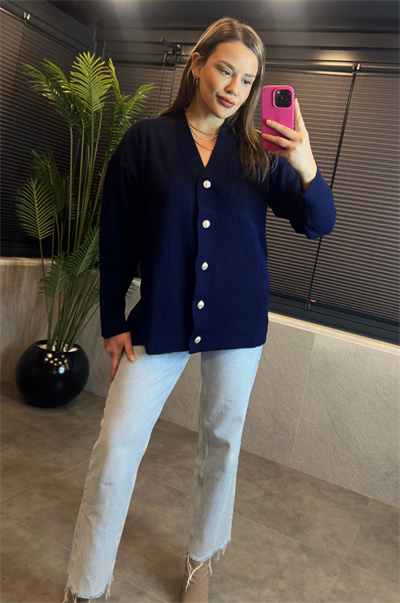 Lacivert Fitilli Oversize Basic Örme Hırka