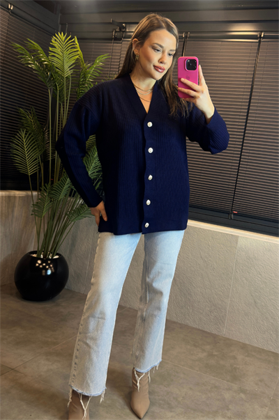 Lacivert Fitilli Oversize Basic Örme Hırka