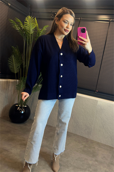 Lacivert Fitilli Oversize Basic Örme Hırka