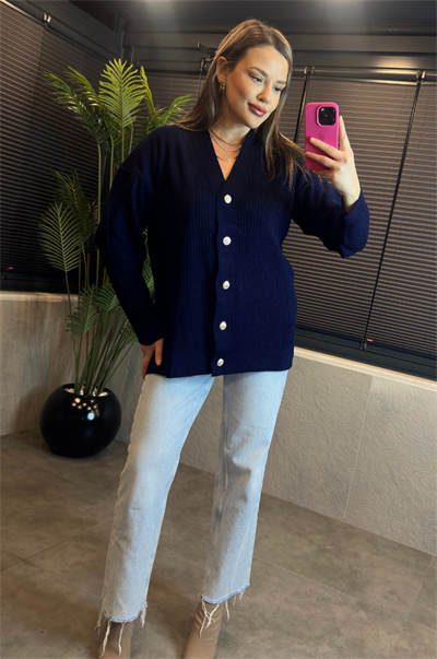 Lacivert Fitilli Oversize Basic Örme Hırka