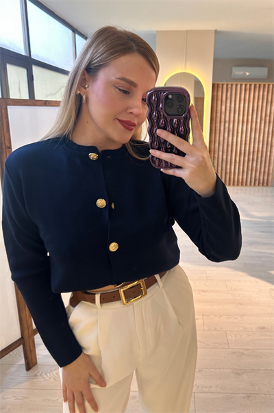 Lacivert Gold Düğmeli Hırka