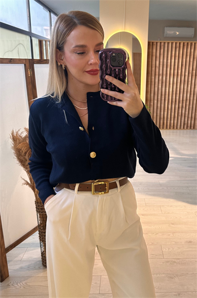 Lacivert Gold Düğmeli Hırka