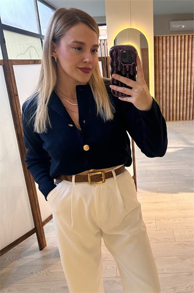 Lacivert Gold Düğmeli Hırka