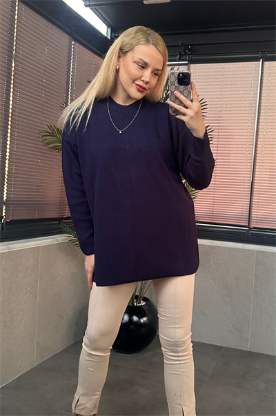 Lacivert Yarı Boğazlı Fitilli Oversize Kazak