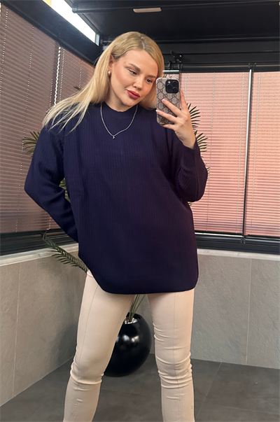Lacivert Yarı Boğazlı Fitilli Oversize Kazak
