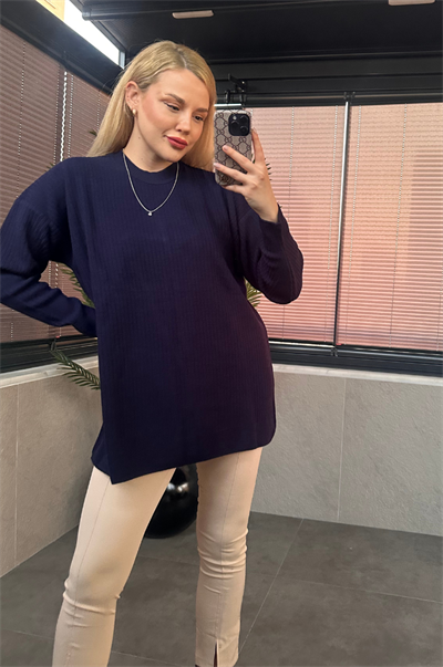 Lacivert Yarı Boğazlı Fitilli Oversize Kazak
