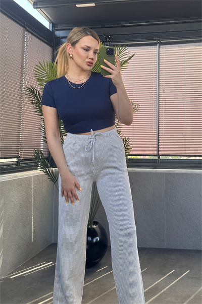 Lacivert Yarım Kollu Slim Basic Crop 