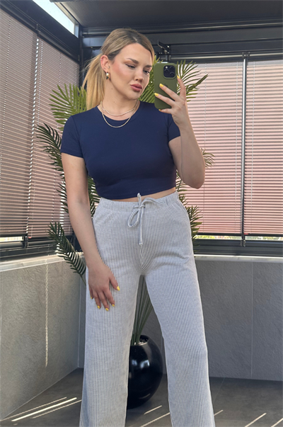 Lacivert Yarım Kollu Slim Basic Crop 