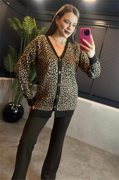 Leopar Desenli Kahverengi Hırka