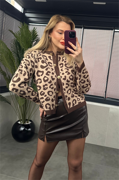 Leopar Gold Düğmeli Kısa Hırka